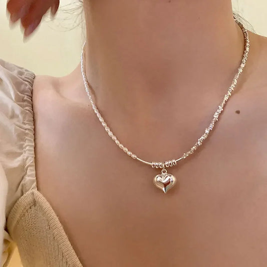 2024 New Pearl Splice Broken Silver Love Necklace for Women's Girls Light Luxury Style Clavicle Chain Jewelry