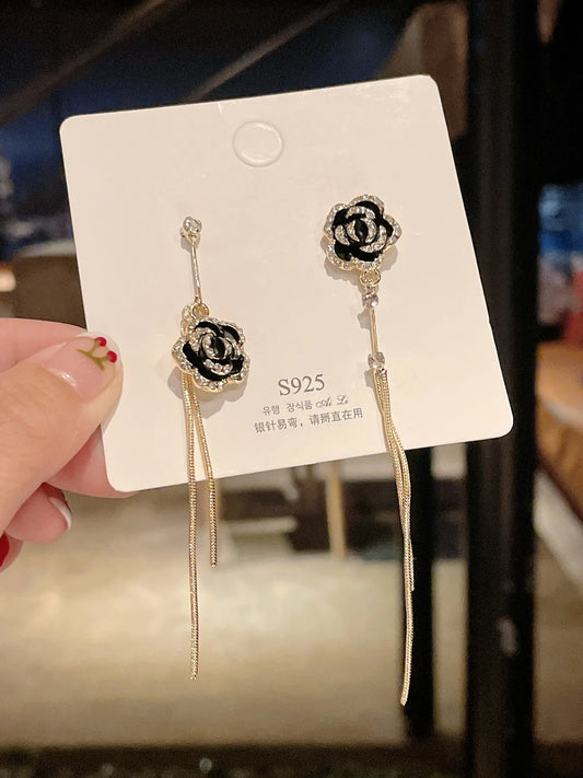 drop camellia earring pendant New Fashion Earrings Black Rose Long Temperament Flower Earrings