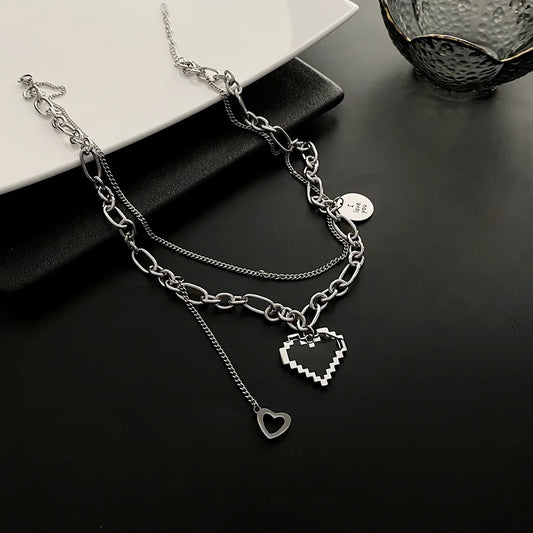 Fashion Women's Stainless Steel Pendant Necklace Fine double chain metal Heart Party Necklace Jewelry Gift