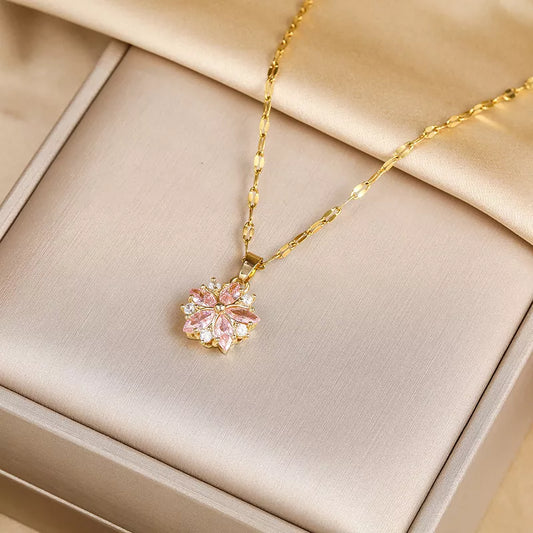 New Cute Romantic Pink Sakura Pendant Stainless Steel Necklaces For Women Korean Fashion Female Sexy Clavicle Chain Jewelry Gift
