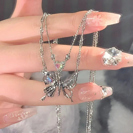 Kpop Y2K Aesthetic Butterfly Pendant Necklace for Women Hip Hop Vintage Double Chain Heart Necklaces Girls Gifts Jewelry
