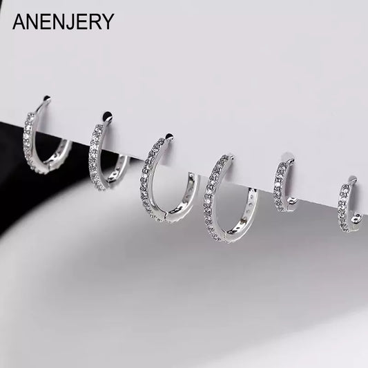 ANENJERY Multi-Size Double Row Zircon Hoop Earrings for Men Women Trendy Delicate Silver Color Small Huggies серьги aretes