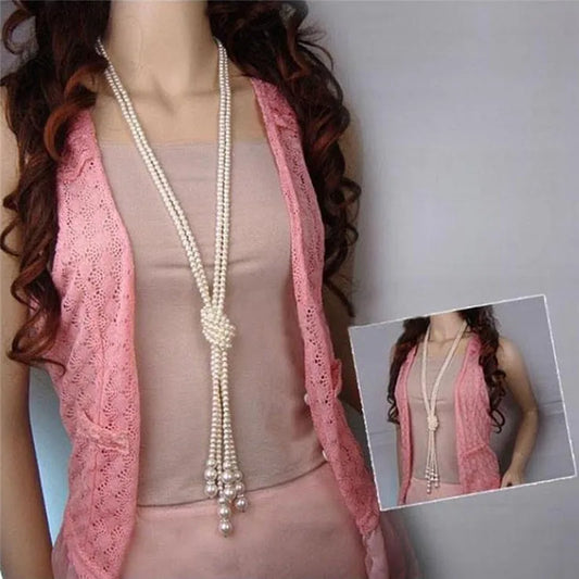 115cm Classic Double Knot Simulated Pearl Tassel Long Necklace Long Knotted Tassel Necklace Female Fashion Sweater Boho Jewelry