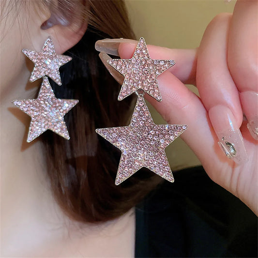 Fashion Pentagram Drop Earrings for Women Pink Crystal Earrings Weddings Party Sparkle Jewelry
