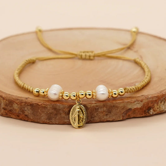 Go2boho Pearl Bead Bracelet Freshwater Pearls For Women Handmade Lucky Jesus Pendant Adjustable Woven Christmas Jewelry Gifts