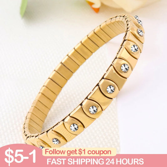 Fashion Elastic Stainless Steel Adjustable Bracelet For Women Men Gold-Plated Embedded Rhinestone Couple Colorfast Jewelry