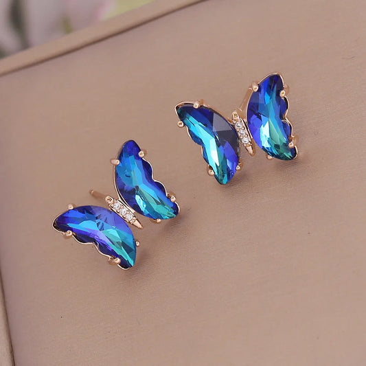 Fantasy Colorful Crystal Butterfly Earrings Delicate Sweet Gradient Ear Jewelry Fashion Simple Temperament