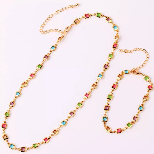 Gold Plated Colorful Zircon Square Stone Chain Choker Neckalce Bracelet for Women Charm Handmade Chain Jewelry Set