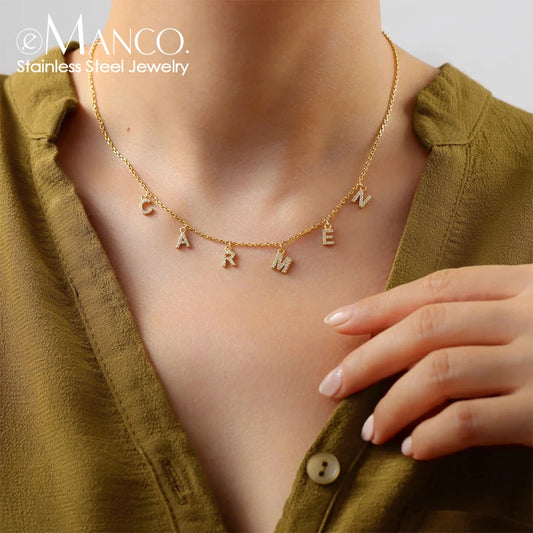 eManco Customized  Name Necklace Personalized Zircon Letter Stainless Steel Choker Necklace Pendant Nameplate Gift Dropshipping