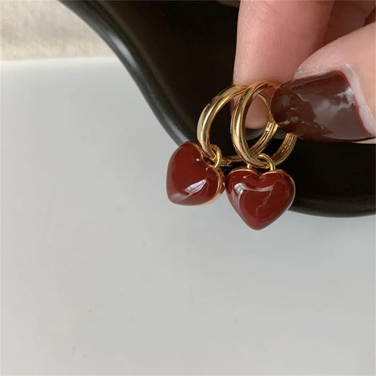 2024 Simple Design Wine Red Love Heart Dangle Earrings For Women Gold Color Circle Vintage Peach Drop Earring Can Be Separated