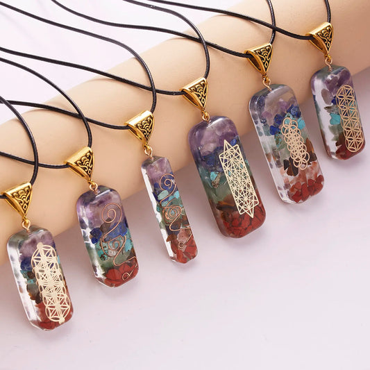 Charm 7 Chakras Healing Necklace For Women Couple Colorful Natural Stone Geometric Pendant Rope Chain Fashion Jewelry Gifts