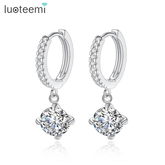 LUOTEEMI 8mm 2ct Round CZ Stone Hoop Earring Small Tiny Cubic Zircon Delicate Women Loop Jewelry Classic Girl Party Accessories