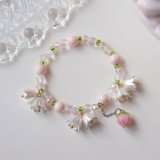 New Design Sweet Vintage Pearl Lily Flower Bracelet for Women Korean Cute Tassel Pink Peach Pendant Bracelet Aesthetic Jewelry