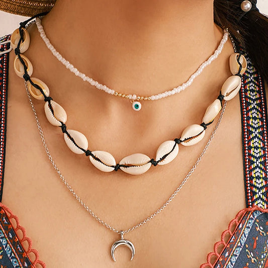 docona Bohemian Geometry Weaving Rope Shell Multilayer Pendant Nacklace Female Half Moon Pearl Stone Eyes Three Layer Nacklace