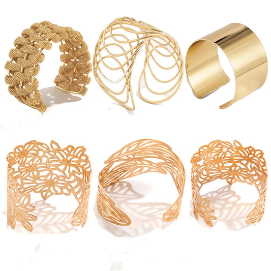 IngeSight.Z 6 Styles Exaggerated Hollow Out Wide Cuff Open Bangles for Women Punk Big Flower & Leaves Wrist Bracelet Jewelry