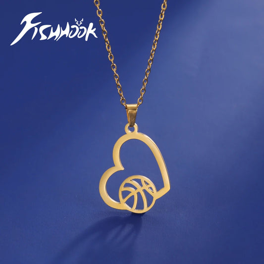 Fishhook Basketball Necklace Gift for Woman Men Heart Sports Chain Kid Child Gold Color Stainless Steel Accessories Jewelry