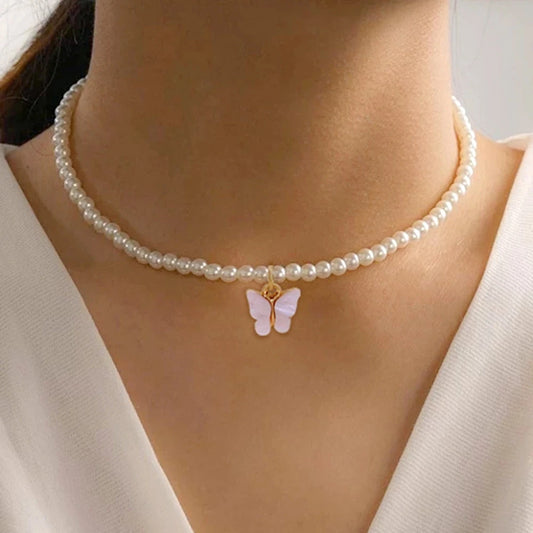 Handmade Pearl Choker Necklaces For Women Bohemian Adjustable Butterfly Pendant Necklace Girls Summer Beach Party Jewelry