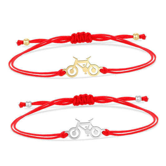 Gold-plated Stainless Steel Delicate Polished Bicycle Charm Bracelet Women Girl Good Punk Mechanic Bike Red String Jewelry Gift