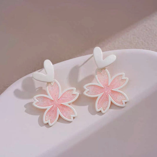 New Arrival Pink Color Cherry Flower Blossoms Flower Drop Earrings Women Korean Fashion Sakura Jewelry Heart Earrings Wholesale