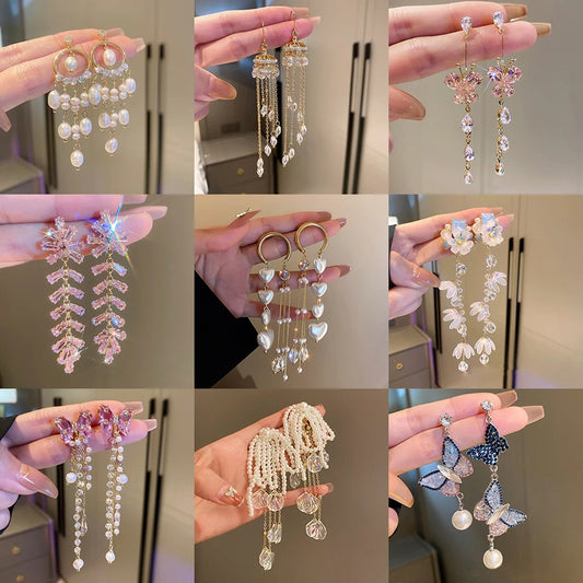 Inlaid Rhinestone Crystal Pearl Earrings for Women Retro Luxury Long Style Dangle Earrings High-end Luxury Designer Jewelry