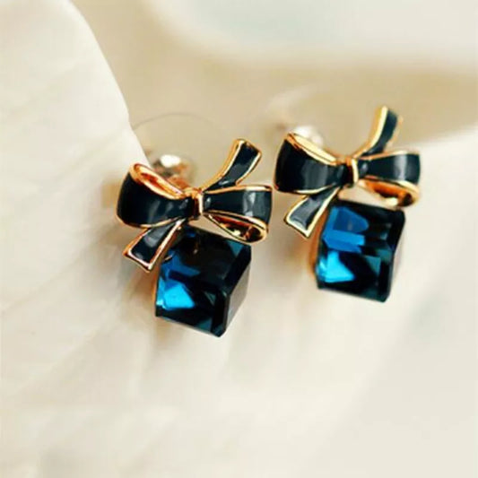 2023 New Jewelry Fashion Gold Color Bowknot Cube Crystal Earring Square Bow Earrings For Women Pretty Gift