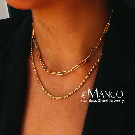 e-Manco Fashion Layered Chain Necklace Gold color  Chain Imitation pearls Necklace for Women Geometric Female  Chokers Necklaces