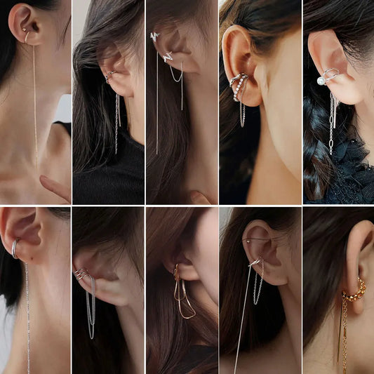 Long Chain Threader Tassel Fringe Double Layer Ear Cuff Fake Piercing Conch Cartilage Clip Earrings for Women - 1piece NOT pair