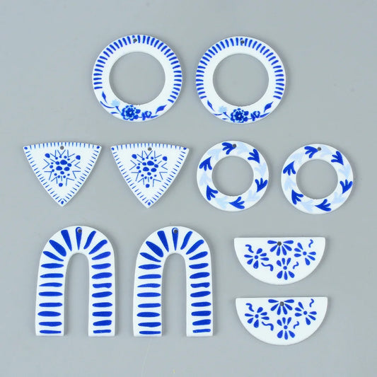 6pc Blue and White Porcelain Simple  Acrylic Pendant Necklace For Women Earrings Pendant Elements  Necklaces Diy Gifts Jewelry