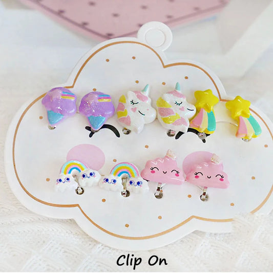 Cute Mermaid Flamingo Resin Earrings Ear Clips on Earrings for Girls Kids 5PRS/SET No Piercing Earring