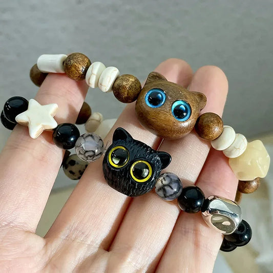 Cute Ceramic Cat Beads Elastic Bracelet for Girls Kawaii Beaded Ceramics Cat Pendant Charm Bracelets Jewelry Gift Accessories