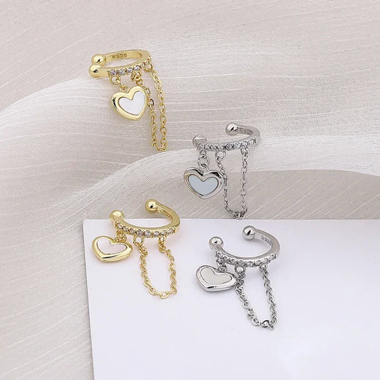 1 Pcs Heart Shell Chain Ear Bone Clip Female Zircon Tassels No Pierced Earrings Korean Silver Gold Color Party Jewelry Gifts