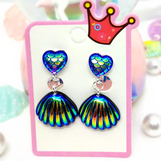 Baby Girls Sea Shell Pendant Ear Clip Child Kids Lovely Resin Shinning Earrings Charm Chunky Jewelry For Gift 2-10 Years Old