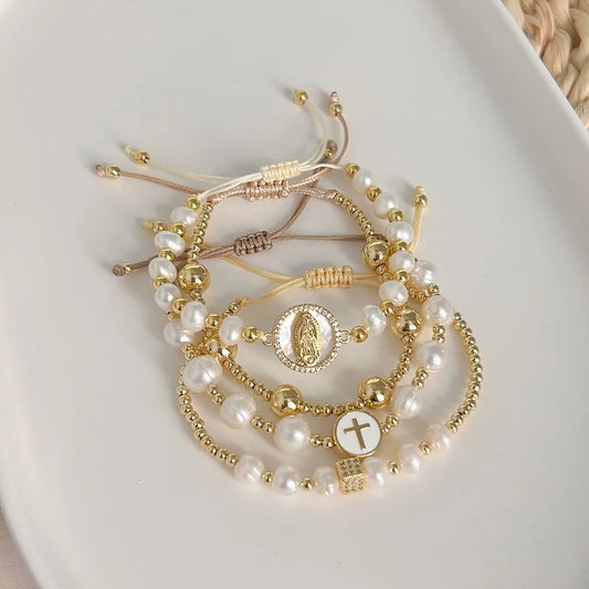 KKBEAD Natural Pearl Bracelet For Women Fashion Virgin Mary Guadalupe Jewelry 18 K Gold Plated Waterproof Bracelets Pulseras