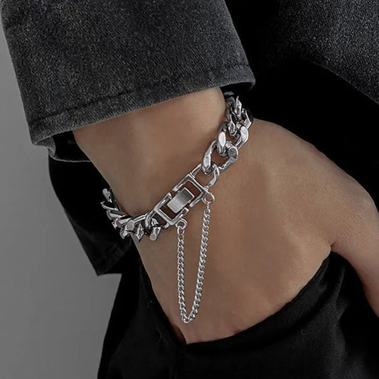 Kpop Stainless Steel Metal Chains Bracelets For Women Men Punk Sliver Cuban Link Chain Wristband Bracelet Classic Charms Jewelry