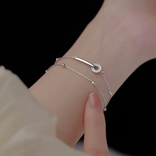 925 Sterling Silver Beads Double Fold Bracelet Shiny Zircon Ring Pendant Women Fashion Temperament Bracelet Birthday Jewelry
