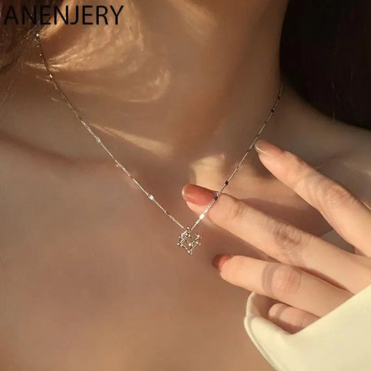 ANENJERY Silver Color Cube Geometric Necklace Female Simple Elegant Shiny Chain Choker Pendant Necklaces Gift