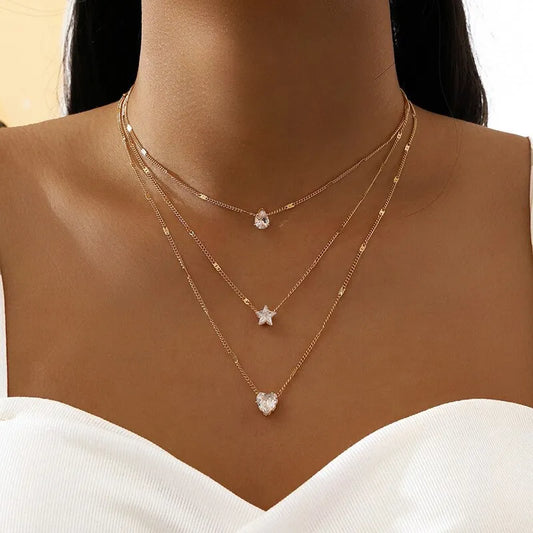 3 Pcs Gold Color Simple Multilayered Pendant Necklaces for Girls Women Fashion Star Heart Shaped Necklace Jewelry Birthday Gifts