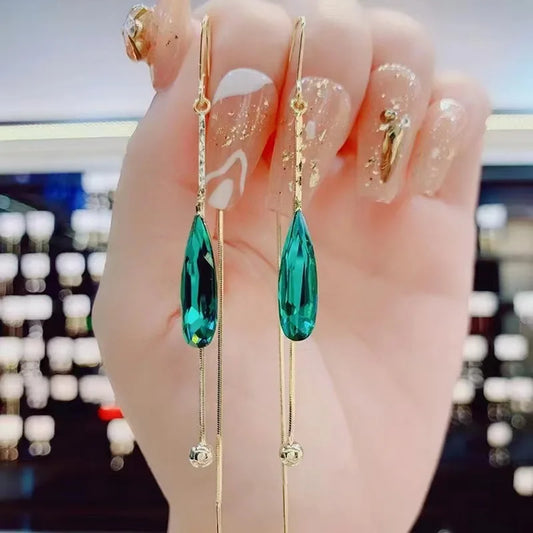 Korean Fashion Zircon Green Water Drop Earrings for Women Crystal Long Pendant Temperament Earring Girls Wedding Party Jewelry