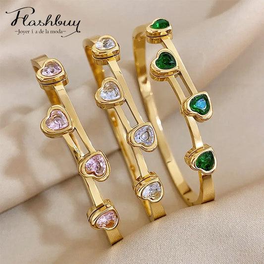 Flashbuy New Design Chic Zircon Love Heart Stainless Steel Bangles Bracelets for Women Vintage Charm Party Jewelry Gift