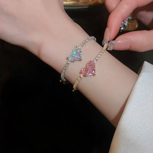 Inlaid Square Zircon Rhinestone Chain Bracelet For Women White Pink Love Heart Bracelets Bangles Wristband Jewelry Gift For Girl