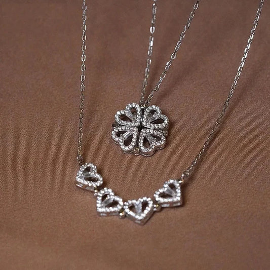 Heart Shaped Four Leaf Clover Pendant Necklace 925 Silver Jewelry Zircon Women Love Clavicle Chain Gifts Openable Choker Jewelry