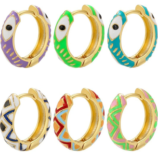 HECHENG, Creative Enamel Geometric Eyes Hoop Earrings Fashion gold color Round small Hoop Earring for women Jewelry Wholesale