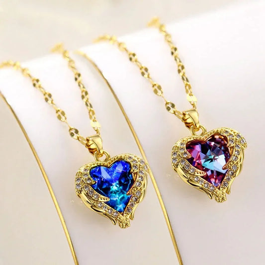 Luxury Colorful Crystal Ocean Heart Pendant Necklace For Women Korean Fashion Stainless Steel Neck Chain Female Wedding Jewelry
