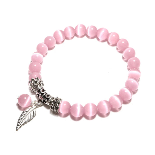 Genuine Cat Eyes Stone Bracelet For Women Natural Moonstone Braslet Leaf Pendant Braclet Pink Opal Brazalete Girlfriend Gift