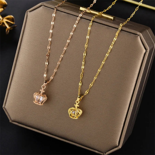 Design Sense Zircon Inside Hollow Crown Pendant Stainless Steel Necklaces For Women Korean Fashion Female Clavicle Chain Jewelry
