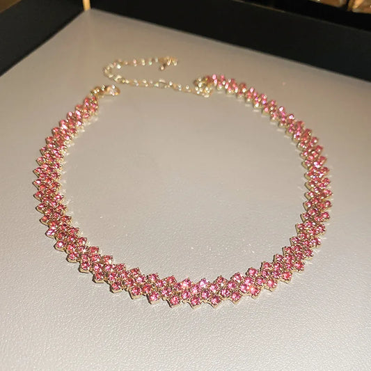 Fashion Pink Purple Gold Color Rhinestone Choker Necklaces for Women Geometric Crystal Necklaces Party Weddings Jewelry