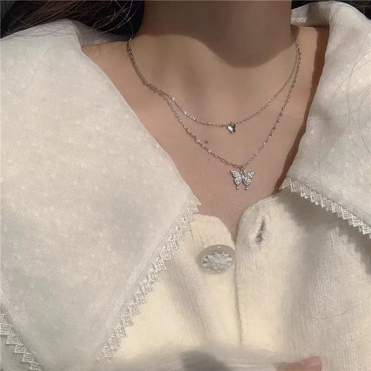 Double Layer Shiny Butterfly Cute Necklace Fashion Women's Temperament Clavicle Chain Romantic All-match Jewelry For Ladies Gift