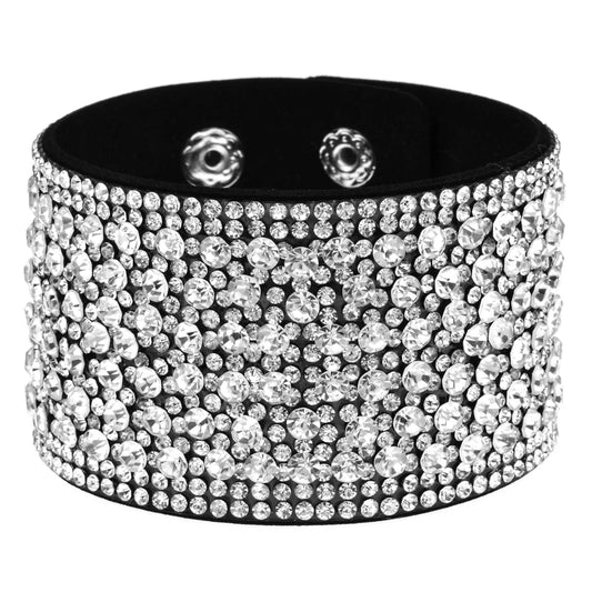 Fashion Wide Leather Rhinestones Bracelets for Women Girls Handmade Crystal Wristband Cuff Bracelets Jewelry 2023 New
