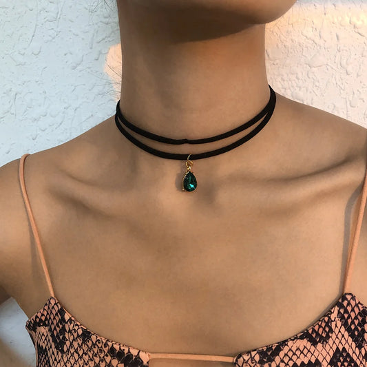 Harajuku Style Vintage Choker for Women Double Layers Necklace Temperament Water Drop Pendant Clavicle Chain Girl Jewelry Gift