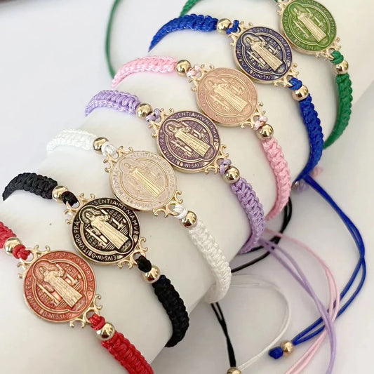 1 Pcs Size Adjustable Colorful Gold Plated Saint Benedict Handmade Weave Rope Religious Bracelet For Prayer Or Given As A Gift